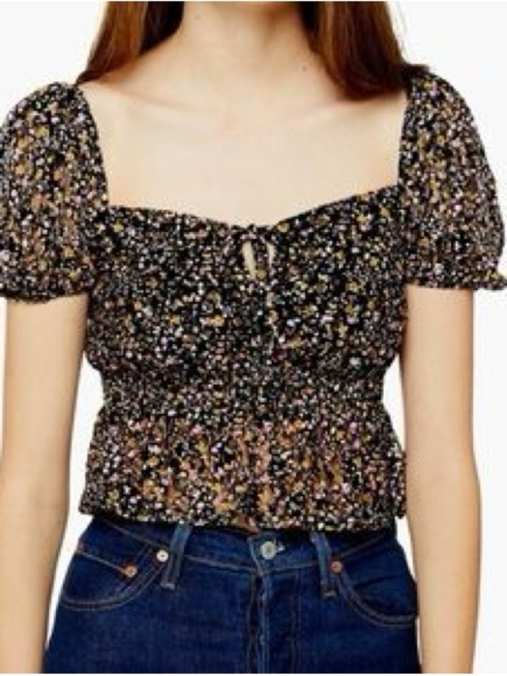 Topshop Black Floral Smocked Square-Neck Crop Top